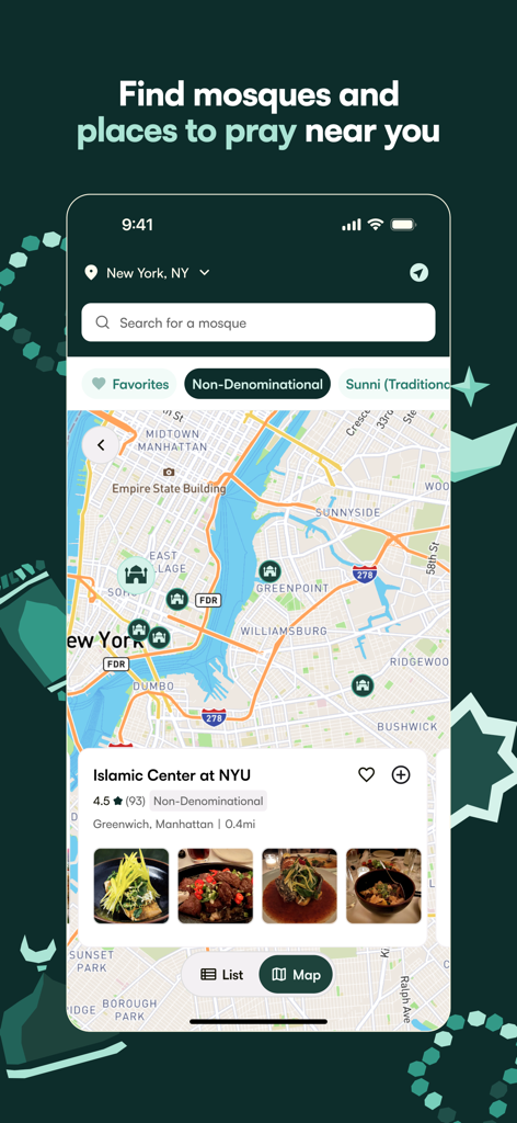 Mobile interface of the Zabihah app showing a map of New York City with pins for local mosques and prayer spaces