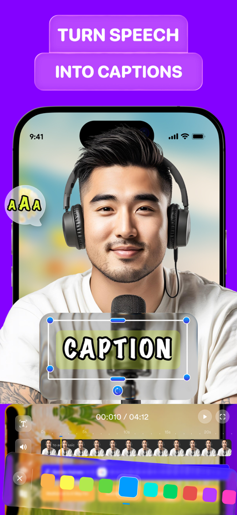 Un hombre con auriculares usando la aplicación VCAP AI para convertir voz en subtítulos estilizados en una interfaz de edición de vídeo móvil.