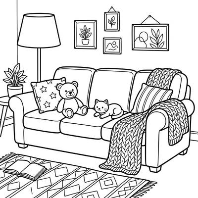 Dive into a world of comfort with this adorable coloring page featuring a cozy sofa, complete with a teddy bear and a playful cat. It's the perfect scene for young artists to bring to life with their favorite colors.