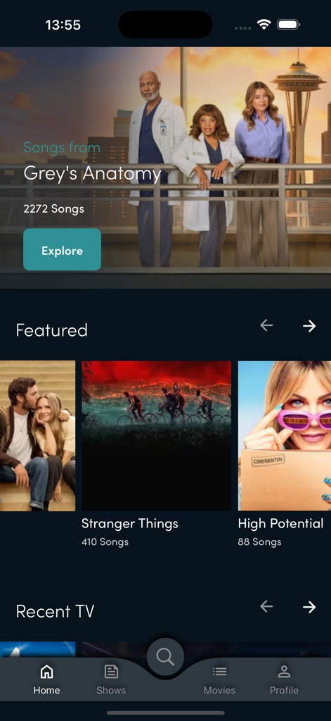 Tunefind - Tunefind mobile app interface displaying soundtracks for popular TV shows like Greys Anatomy and Stranger Things.