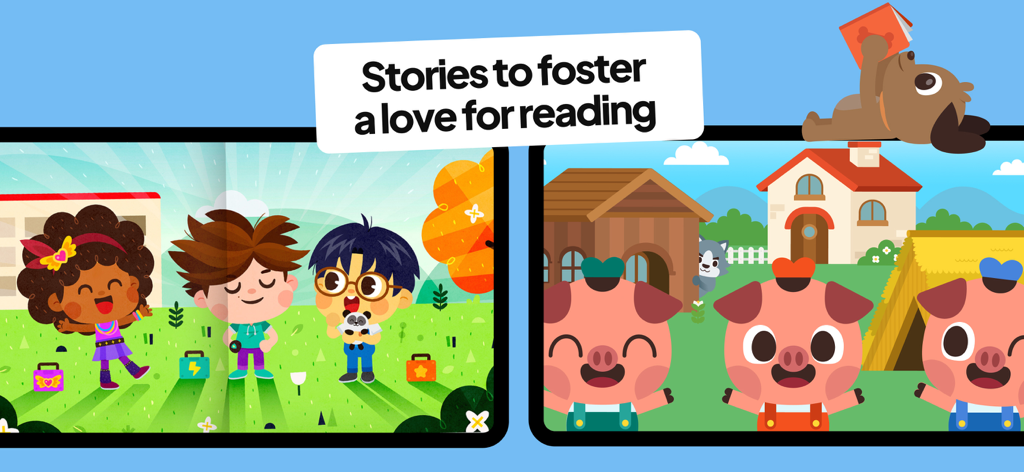 Personnages de dessins animés d'enfants et de trois petits cochons dans la section de lecture de l'application Papumba