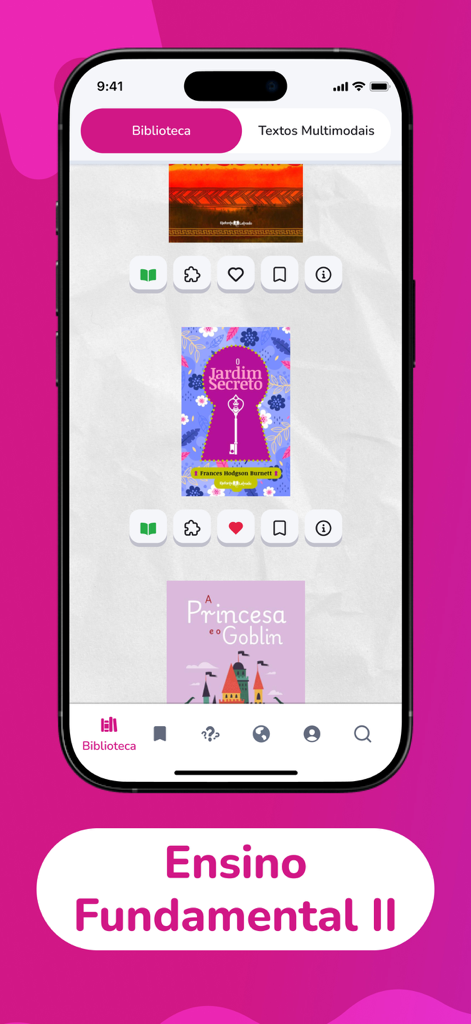 Mobile screen showing the digital library of Elefante Letrado with book titles for middle school students