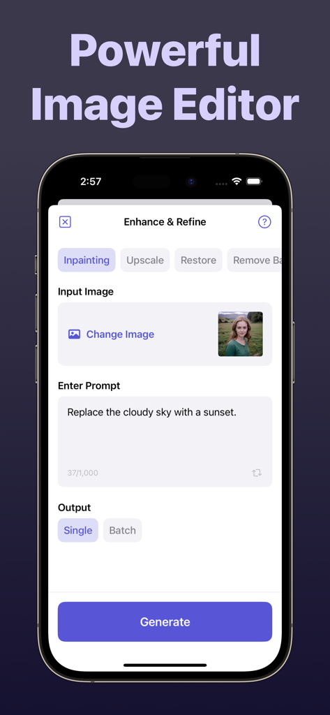Interface do aplicativo Flair AI mostrando o recurso de inpainting para substituir um céu nublado por um pôr do sol