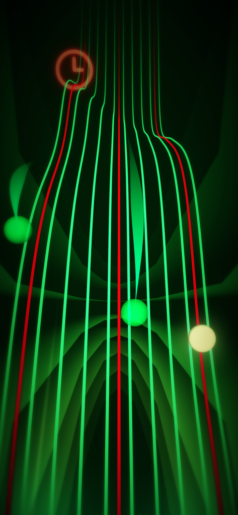 A minimalist arcade game screen with vertical glowing green and red lines and orbs
