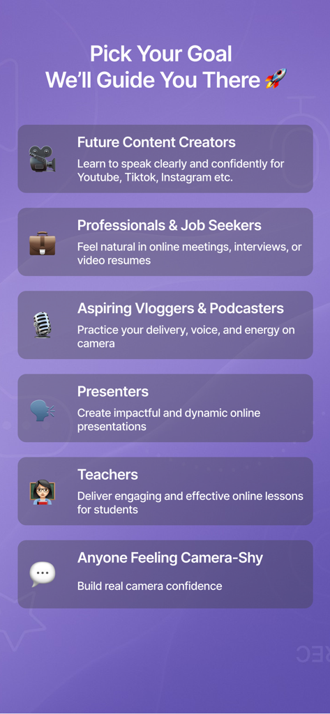 Talk To Cam: Confidence App - Pantalla de la aplicación Talk To Cam mostrando varios objetivos de usuario como Creadores de Contenido, Profesionales y Maestros para desarrollar confianza ante la cámara.