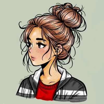 realistic teenage girl with a messy bun