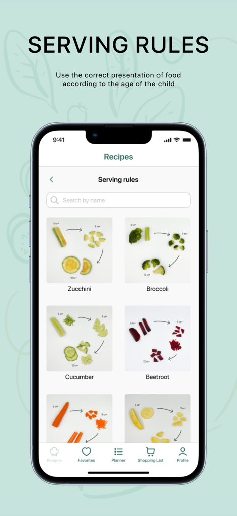 A mobile app screen titled Serving Rules showing visual guides for cutting vegetables like zucchini and broccoli for babies aged 6 to 12 months.