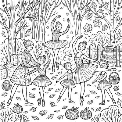 Embrace the beauty of ballet and the coziness of fall with this exquisite coloring page featuring graceful instructors and their students. It's a perfect blend of elegant dance and charming autumnal scenery, ideal for creative minds of all ages.