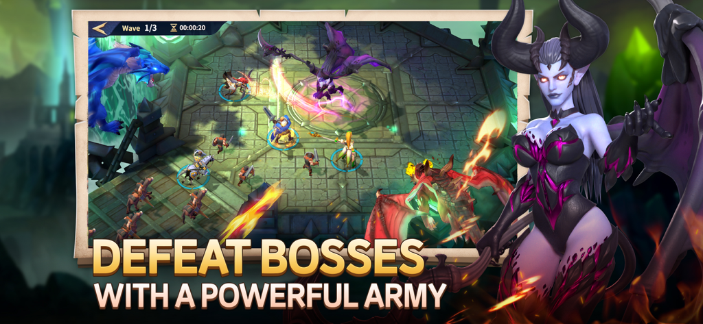 Dragon Siege: Kingdom Conquest - Un grupo de caballeros y dragones atacando a un poderoso jefe en una arena de batalla de fantasía.