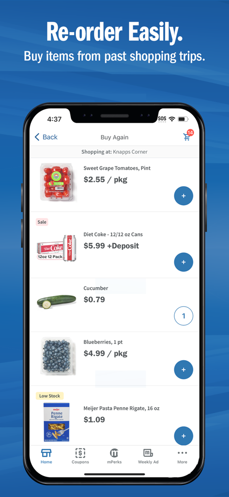 Meijer app interface showing the Buy Again feature for easy grocery re-ordering