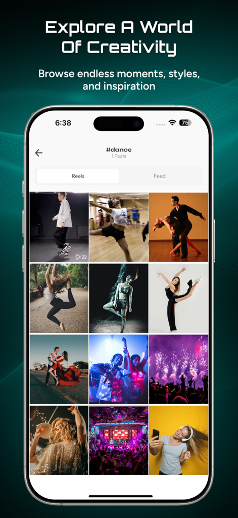 Rumpi - Rumpi app interface showing a discovery feed for the dance hashtag with various creative photos and videos