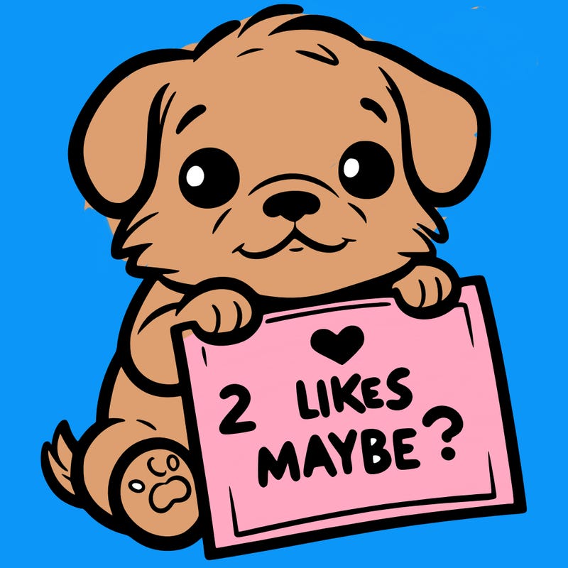 a puppy holding a sign that says 2 likes maybe?