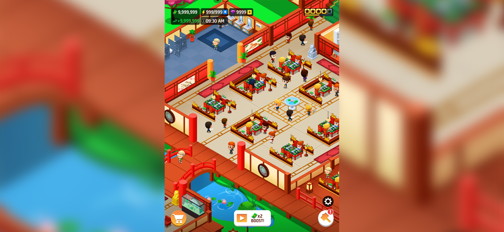 Idle Restaurant Tycoon: Empire - Vue aérienne d'un restaurant japonais animé dans Idle Restaurant Tycoon
