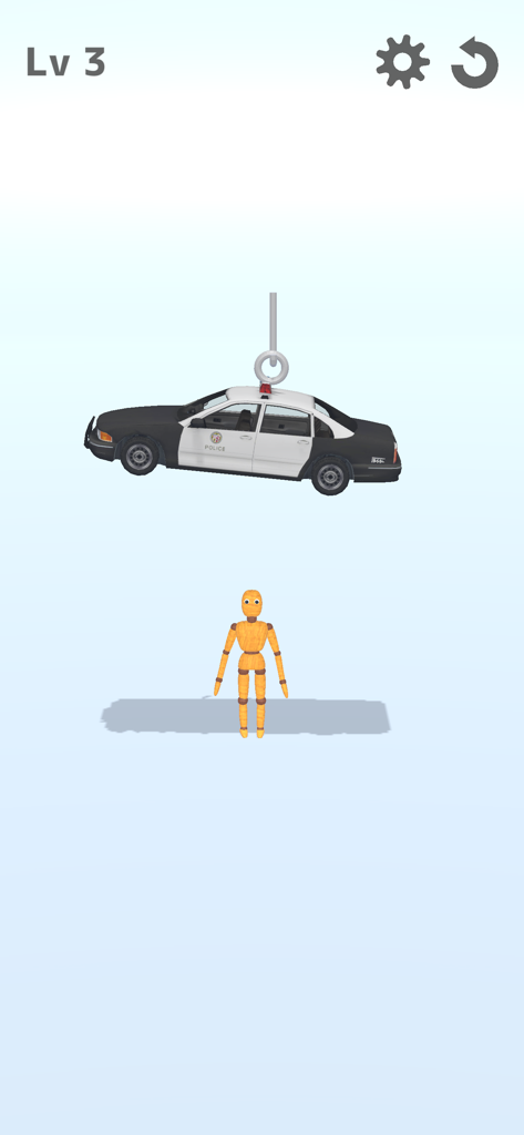 Ragdoll Break: Let's destroy! - A wooden ragdoll dummy standing under a suspended police car in level three of Ragdoll Break.