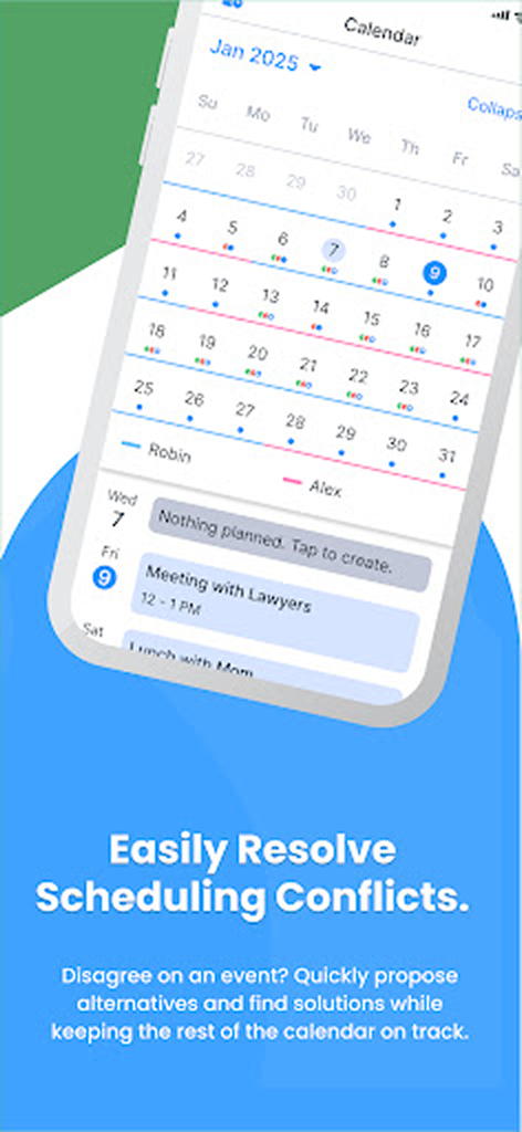 A smartphone displaying the WeParent app shared calendar interface with a feature to easily resolve scheduling conflicts between parents