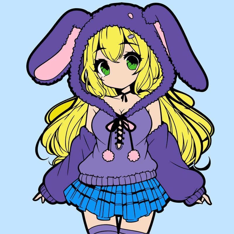 pretty anime girl wearing a fluffy hoodie with bunny ears on the hood and a skirt