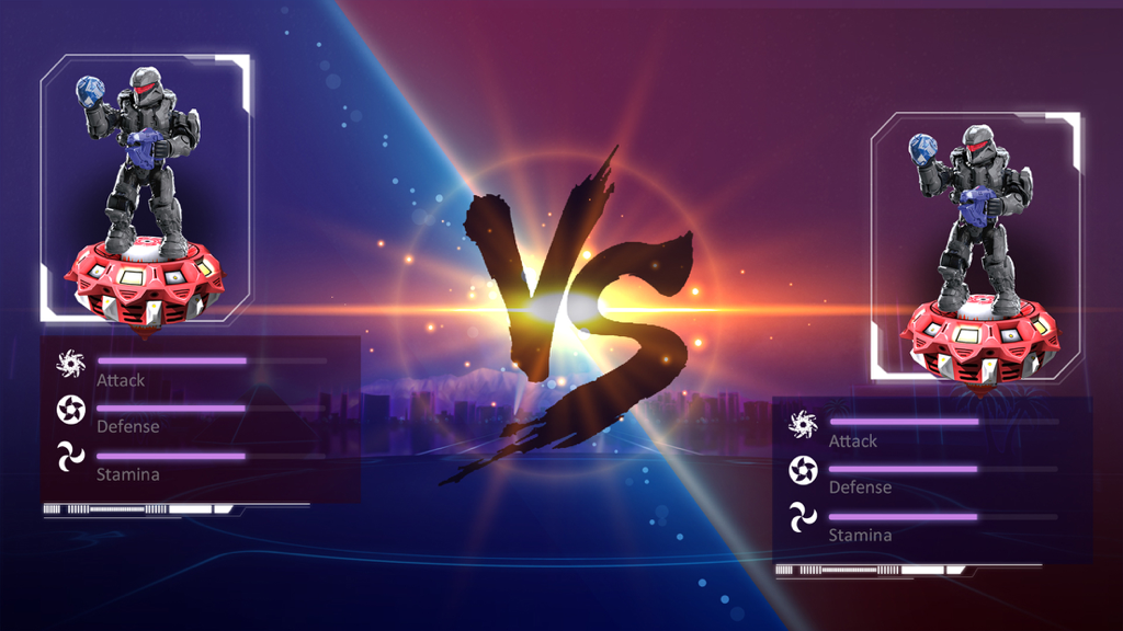 Beyblade : Spin Blade 1 - Versus screen in Beyblade Spin Blade 1 showing two spinning tops and player stats for attack defense and stamina