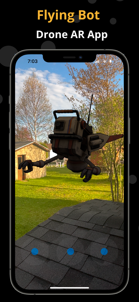 Drone AR app featuring a 3D flying bot in an augmented reality backyard