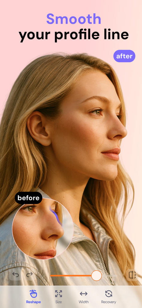 FaceAI・Face & Makeup AI Editor - Side profile of a woman using FaceAI to smooth and reshape her nose profile line with before and after comparison