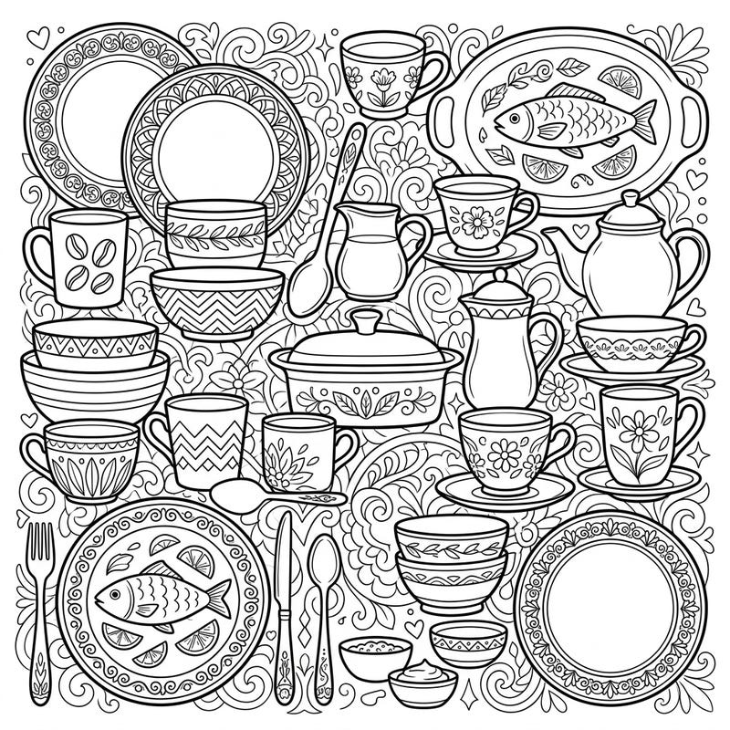 Dive into a world of domestic charm with this detailed tableware and serveware coloring page. Featuring an array of plates, bowls, cups, and utensils, it offers a relaxing and intricate coloring experience for all ages.