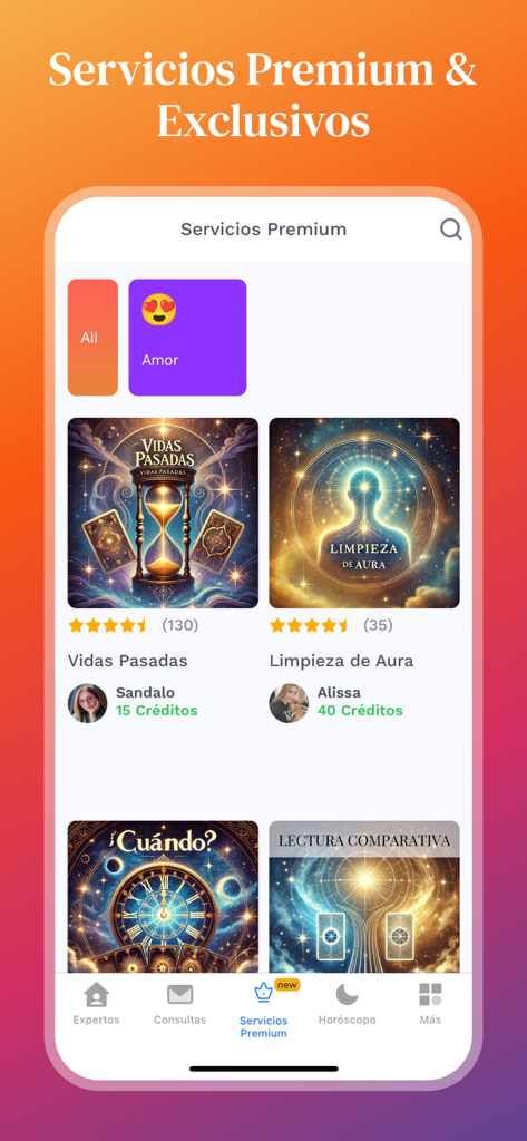 Mi Vidente: Psiquicos Reales - Pantalla de la aplicación móvil que muestra varios servicios espirituales premium como limpieza de aura y lecturas de vidas pasadas en español