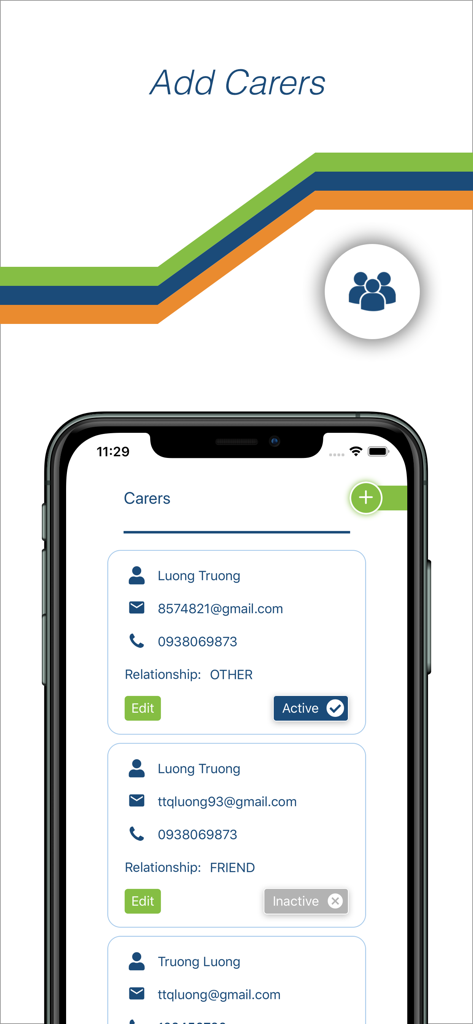RollCall Parent - Interfaz de la aplicación RollCall Padres que muestra una lista de cuidadores administrados y su información de contacto