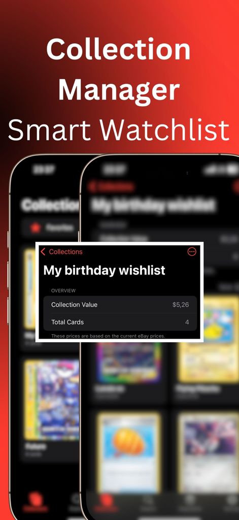 TCG Card Scanner for Pokemon + - TCG Card Scanner app interface showing a custom wishlist with real-time collection value and total card count tracking