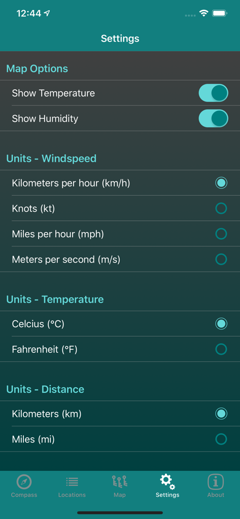 Wind Seeker - Settings screen of the Wind Seeker app for configuring measurement units