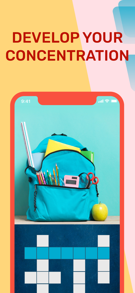 Picture Crossword: Find Words - A screenshot of Picture Crossword game displaying a backpack and the text Develop Your Concentration