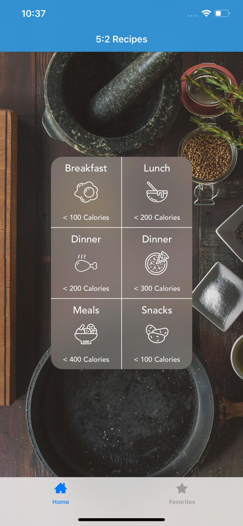 カロリー数ごとに分類された食事カテゴリーが表示されている、5:2 ファスティング ダイエット レシピ アプリのホーム画面。
