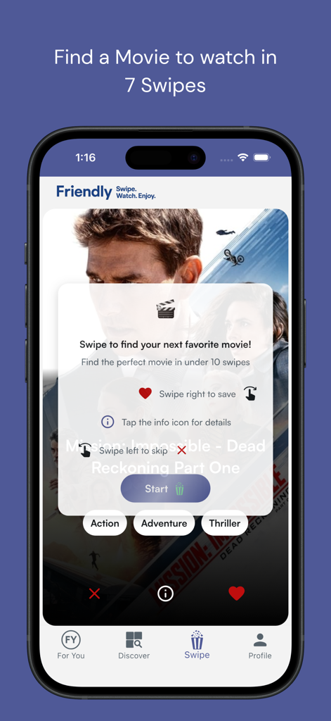 Friendly app interface showing a swipe to find movie feature with a movie poster and discovery instructions