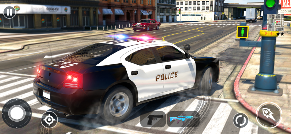 Police Simulator Patrol Duty - A police car drifting through a city intersection in the Police Simulator Patrol Duty mobile game