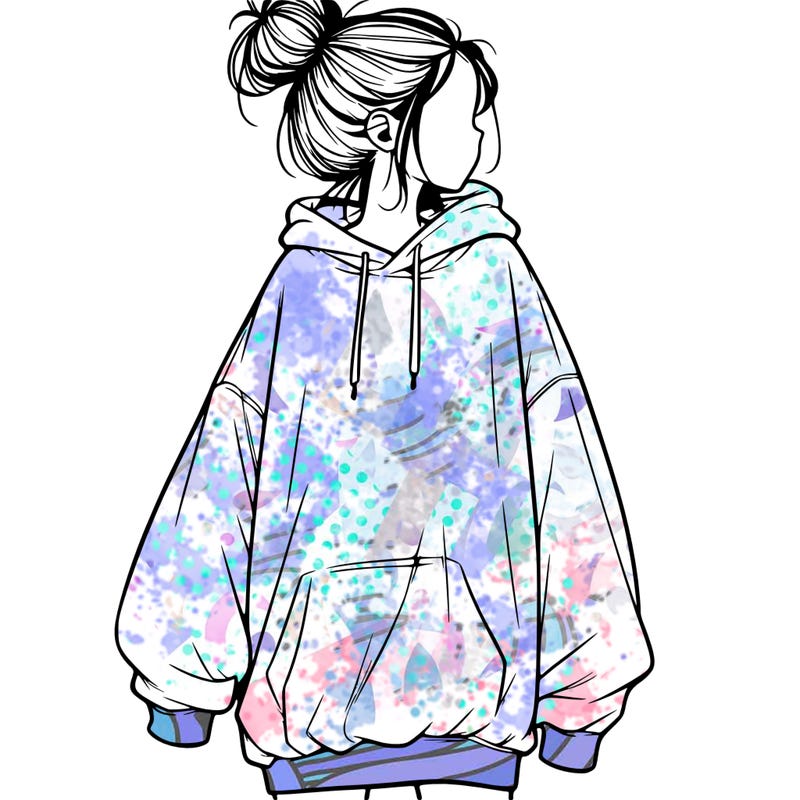 realistic girl with a oversized sweatshirt on and a bun