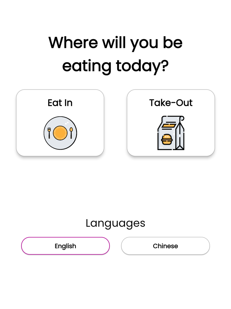 Snappy POS Kiosk interface showing options to select Eat In or Take-Out and preferred language