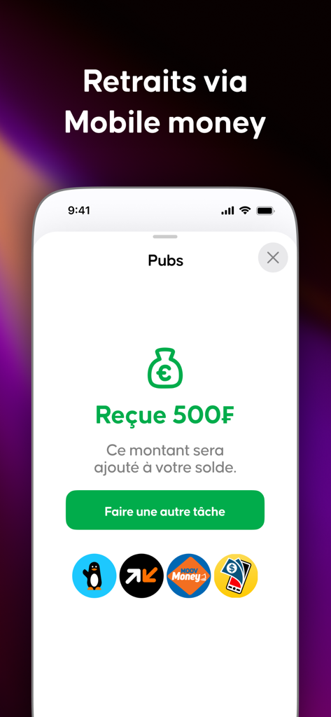 Winix - Winix app interface showing a 500F reward confirmation and mobile money payment options.