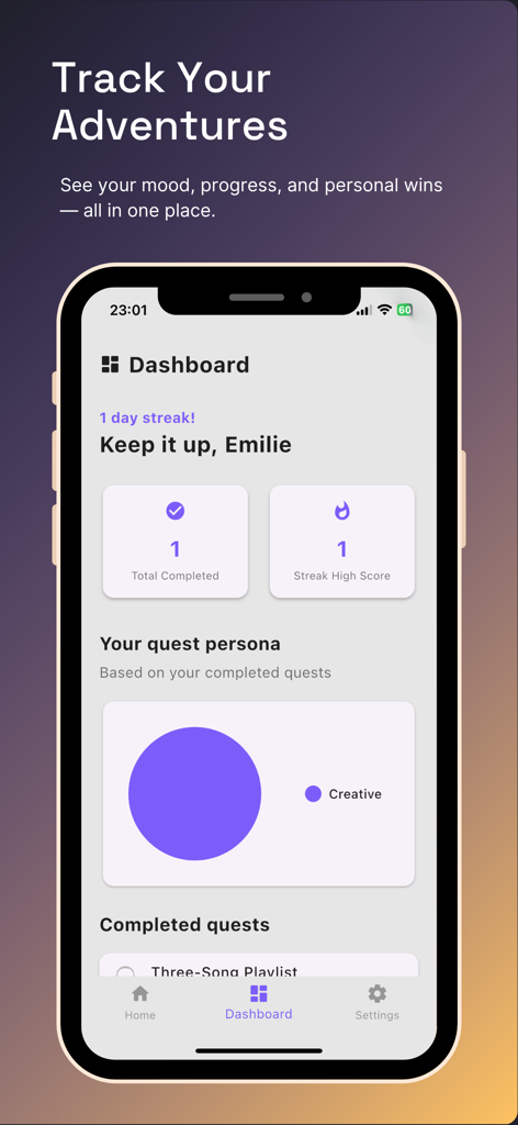 Sidequest Daily - Panel de control de la aplicación Sidequest Daily que muestra rachas, misiones completadas y estadísticas del personaje de misión