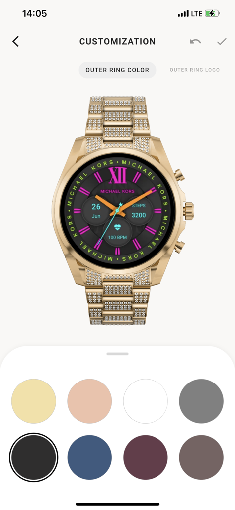 Michael Kors Access - Michael Kors Access app screen for customizing the color of a smartwatch watch face