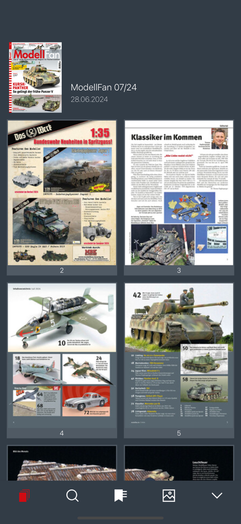 Digitaler Betrachter der Militaer and Geschichte ePaper App, der Seiten der ModellFan Zeitschrift mit Militär-Modellbau anzeigt