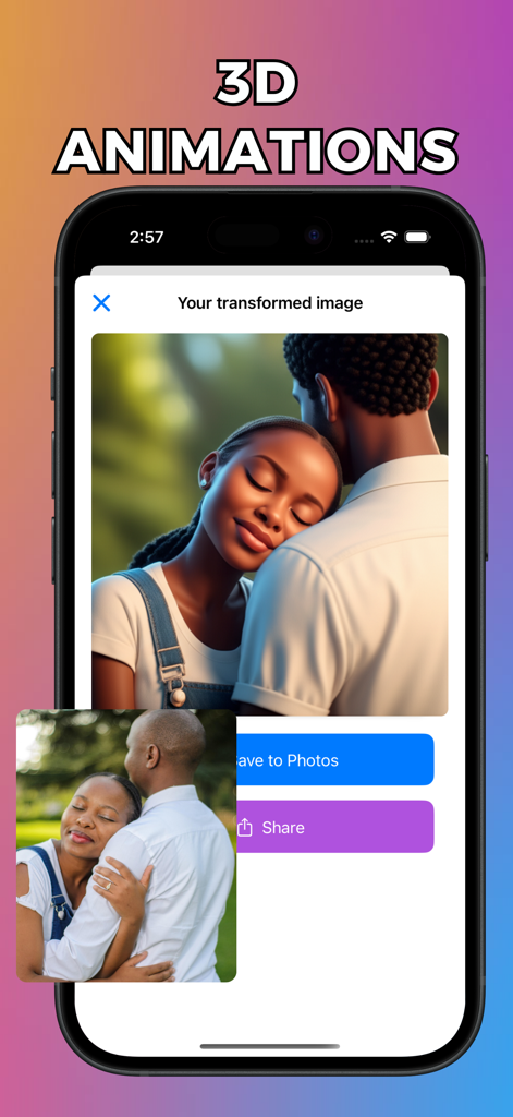Cartoon Yourself: ToonMe - Una captura de pantalla de la aplicación ToonMe mostrando una foto de pareja transformada a un estilo de animación 3D con opciones de guardar y compartir