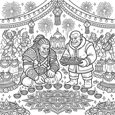 Journey to a festive realm where mighty Frost Orcs embrace the radiant spirit of Diwali. This unique coloring page blends traditional celebrations with a fantastical touch, ready for your creative interpretation.