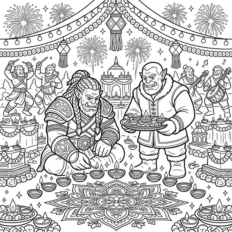Journey to a festive realm where mighty Frost Orcs embrace the radiant spirit of Diwali. This unique coloring page blends traditional celebrations with a fantastical touch, ready for your creative interpretation.