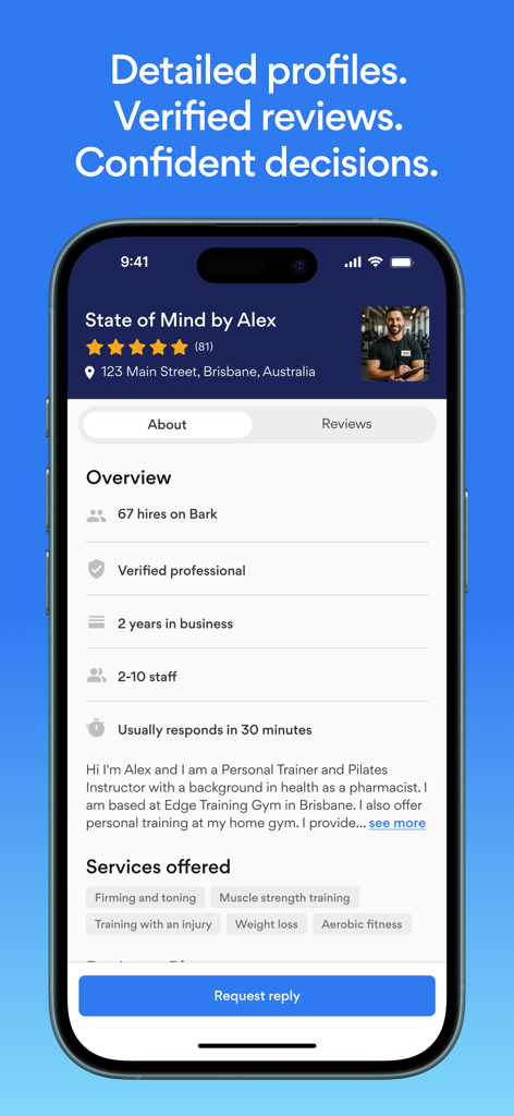 Bark: Great pros, found fast - Barkアプリのプロフィールの画面。パーソナルトレーナーの認定レビューとサービス詳細を表示。