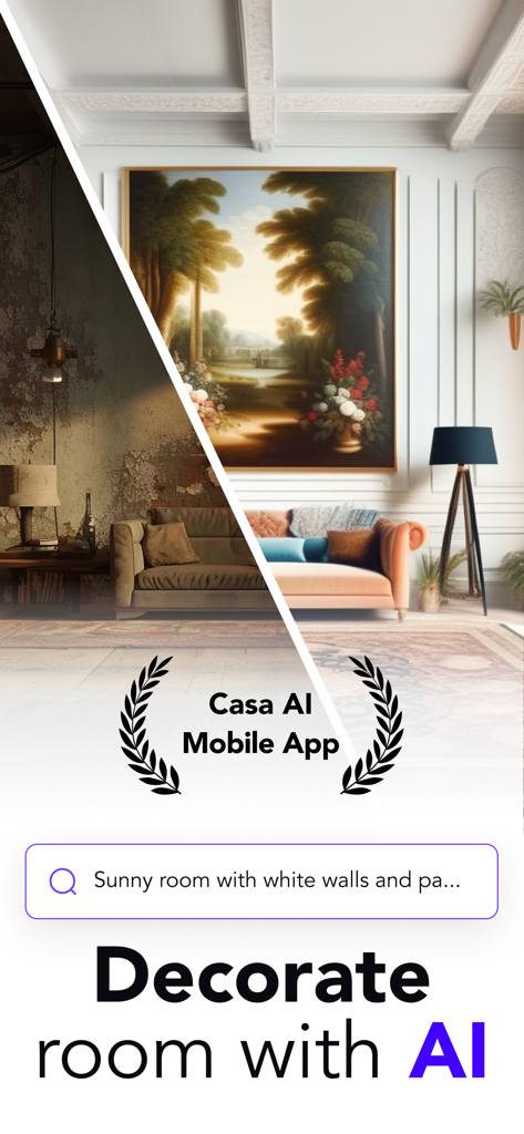 A before and after comparison of a room renovation showing a dark rustic space transformed into a bright modern living area using AI decoration tools.