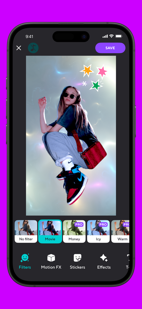 Foto Editor: Effects・EfctPro - Interfaz de edición de fotos móvil mostrando filtros y pegatinas de moda en una foto de retrato