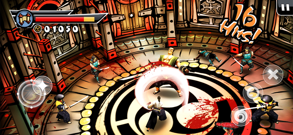 Samurai 2: Vengeance - Samurai 2 Vengeance gameplay showing a samurai fighting multiple enemies in a circular arena