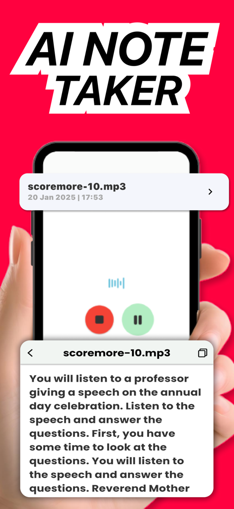 AIノートテイカー機能を表示し、音声をテキストに文字起こしするスマートフォンの画面