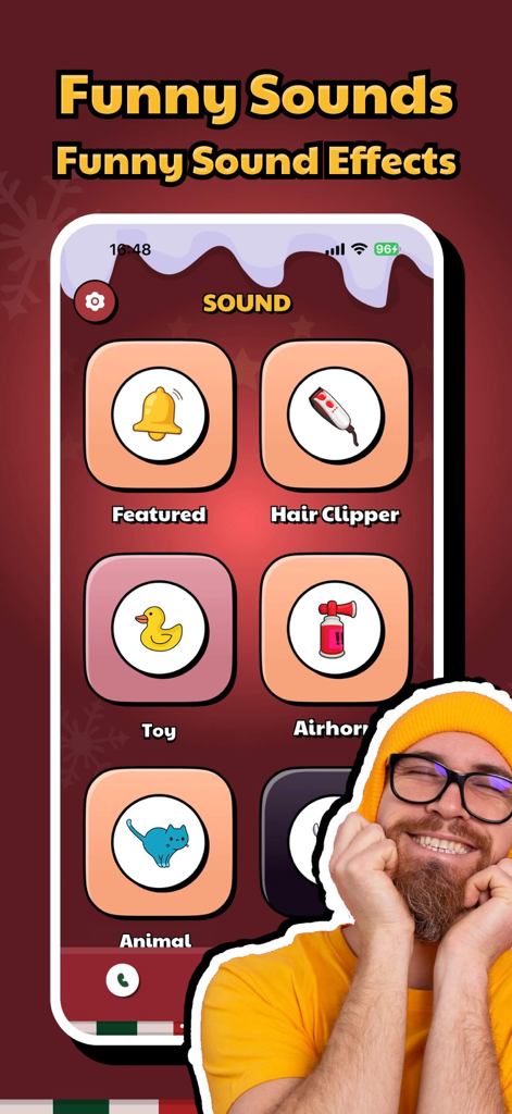 Mobile app interface of Funny Sounds Magic Voices displaying a soundboard with categories like airhorn hair clipper and animal effects