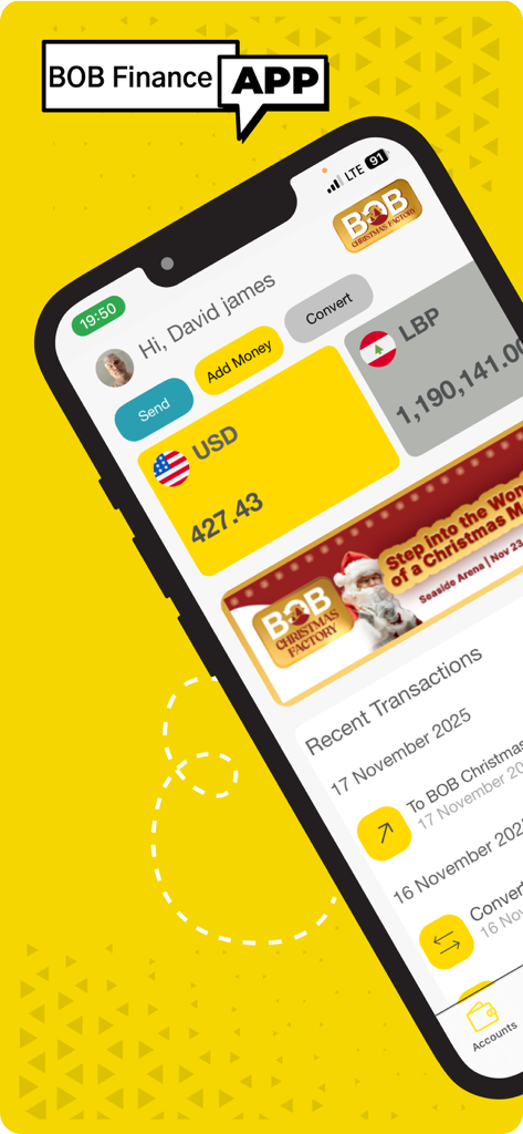 BOB Finance - BOB Finance mobile app dashboard showing USD and Lebanese Pound account balances and recent transactions