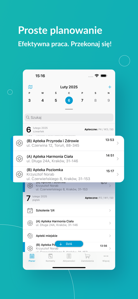 FarmaProm - FarmaProm mobile app interface showing a daily visit planner for pharmaceutical sales representatives with scheduled pharmacy appointments
