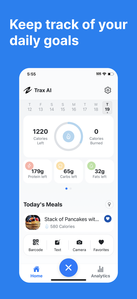 Calorie Tracker - Trax AI - Panel de la aplicación rastreadora de calorías Trax AI que muestra el progreso diario de calorías y macros.